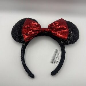Disney Parks Minnie Mouse Classic Black Sequin with Red Bow Ears Headband